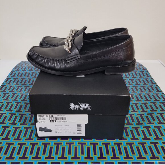 COACH Jess Black Leather Silver Chain Loafers Size 8.5 - Picture 4 of 12